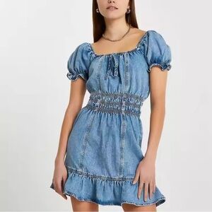 River Island Denim Puff Sleeve Mini Dress